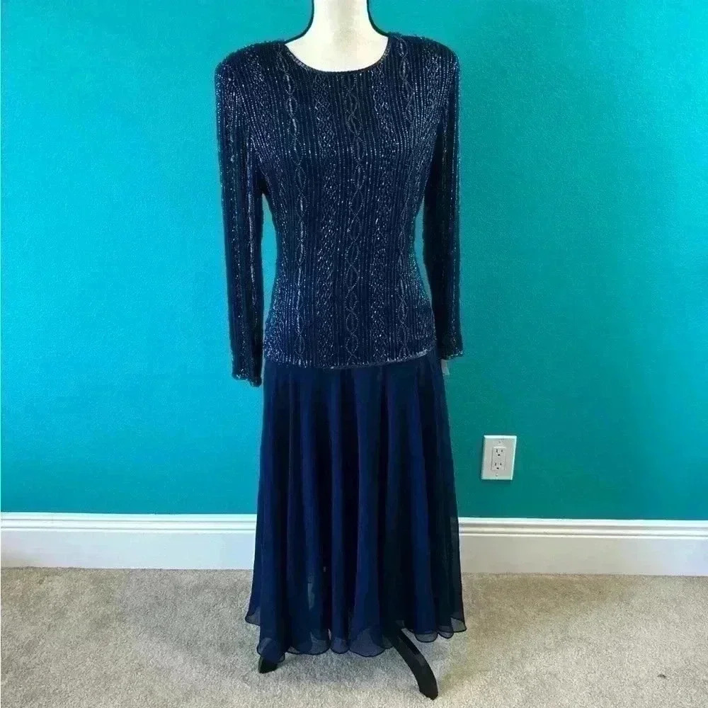 Brilliante by J.A. Dark navy blue beaded formal dress in size small
